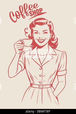 Donna d'epoca che regge una tazza di caffè o tè. Illustrazione dell'etichetta del bar Illustrazione Vettoriale