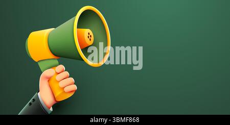 3d mano che tiene un altoparlante megafono o un corno per l'annuncio. Promozione sui social media. Illustrazione vettoriale. Illustrazione Vettoriale