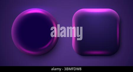 Set di badge a bottone lucida vuoti vuoti e rotondi in plastica viola e quadrati 3d realistici isolati. Vista frontale. Vista dall'alto. Modello per Branding, mock-up. Vettore Illustrazione Vettoriale