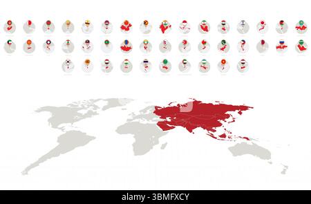 Cerchio icone con bandiere e mappe dei paesi asiatici, in ordine alfabetico. Raccolta vettoriale Illustrazione Vettoriale