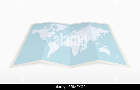Mappa del mondo in stile piegato, Mappa del mondo in Vista prospettiva. Ideale per viaggi, navigazione, geografia e temi cartografici. Illustrazione Vettoriale