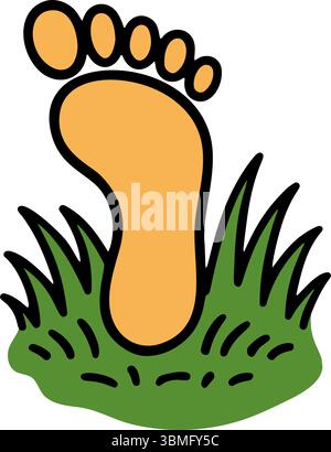 Icona di stile disegnata a mano con un'impronta di colore arancione su erba verde. Semplice illustrazione vettoriale con linee pulite, ideale per varie applicazioni di design Illustrazione Vettoriale