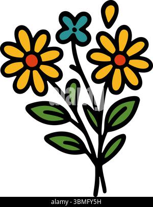 Un vettore carino e semplice disegnato a mano con un piccolo bouquet di margherite gialle e un fiore blu più piccolo, delineato in nero con foglie verdi Illustrazione Vettoriale