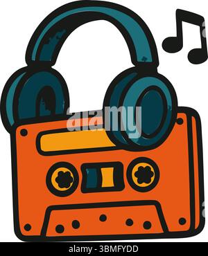 Immagine vettoriale disegnata a mano di un nastro a cassetta arancione. Le cuffie color ottanio sono posizionate in cima e due note musicali sono accanto ad esse Illustrazione Vettoriale