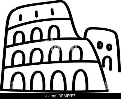 Un'illustrazione vettoriale disegnata a mano mostra il Colosseo di Roma, Italia. Semplice icona nera del monumento su uno sfondo bianco pulito Illustrazione Vettoriale
