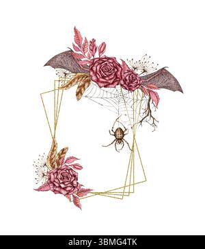 Illustrazione di rose di Borgogna, gemme e foglie rosa, ali di pipistrello, ragnatela e rami secchi ad acquerello. Design gotico con cornice geometrica dorata per ha Foto Stock