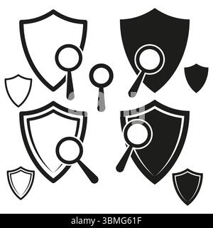 Icone di protezione dello scudo. Simbolo grafico di sicurezza. Lente d'ingrandimento vettoriale. Illustrazione ricerca dati. Illustrazione Vettoriale