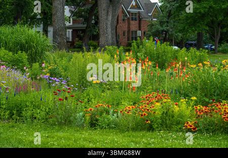 Un giardino estivo al Washington Park di Denver, Colorado, pieno di piante e fiori duri durante il 4 luglio. Foto Stock