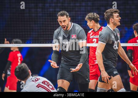 Giappone vs Canada durante la partita maschile FIVB Volleyball Nations League 2024 del 27 giugno a Łódź, Polonia. Foto Stock