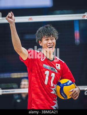 Giappone vs Canada durante la partita maschile FIVB Volleyball Nations League 2024 del 27 giugno a Łódź, Polonia. Foto Stock