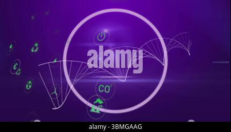 Anello bianco centrale fluttuante con onda punteggiata in sfumatura viola, che mostra icone di finanziamento dell'energia verde Foto Stock