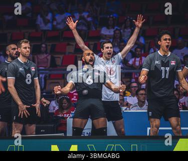 Giappone vs Canada durante la partita maschile FIVB Volleyball Nations League 2024 del 27 giugno a Łódź, Polonia. Foto Stock