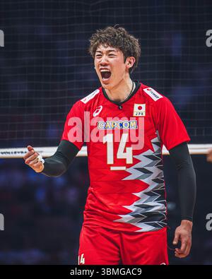 Giappone vs Canada durante la partita maschile FIVB Volleyball Nations League 2024 del 27 giugno a Łódź, Polonia. Foto Stock