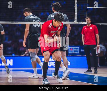 Giappone vs Canada durante la partita maschile FIVB Volleyball Nations League 2024 del 27 giugno a Łódź, Polonia. Foto Stock