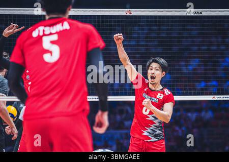 Giappone vs Canada durante la partita maschile FIVB Volleyball Nations League 2024 del 27 giugno a Łódź, Polonia. Foto Stock