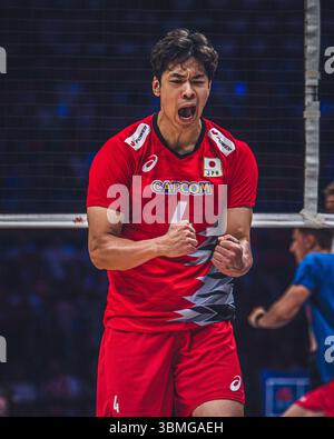 Giappone vs Canada durante la partita maschile FIVB Volleyball Nations League 2024 del 27 giugno a Łódź, Polonia. Foto Stock