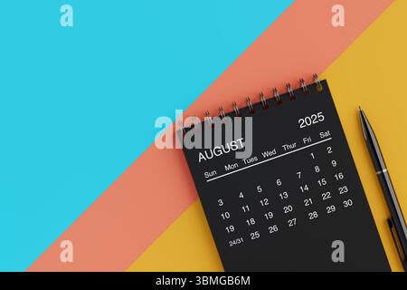 Black Flip Monthly agosto 2025 Business Calendario con penna nera su sfondo giallo, blu e arancione. Rendering 3d. Foto Stock