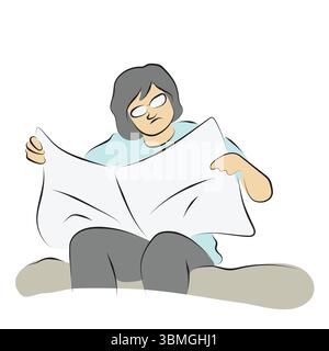 uomo con occhiali che legge giornale su divano vettore di illustrazione disegnato a mano con linee nere isolate su sfondo bianco. Illustrazione Vettoriale