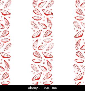 Motivo senza cuciture con cialde e semi di cardamomo rossi disegnati a mano su sfondo bianco, ideale per confezionare tessuti e carta da imballaggio Illustrazione Vettoriale