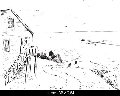 Disegno a inchiostro di una casa sul mare - scena vettoriale disegnata a mano. Scenario costiero con bungalow chalet minimalista in bianco e nero. Stile semplice e testurizzato. Illustrazione Vettoriale