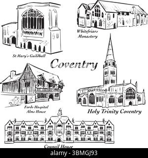 Illustrazioni a inchiostro dei monumenti di Coventry: St Mary guildhall, Whitefriars Monastery, Hospital, Holy trinity, Council House. Tudor, Gotico e Vittoriano. Illustrazione Vettoriale