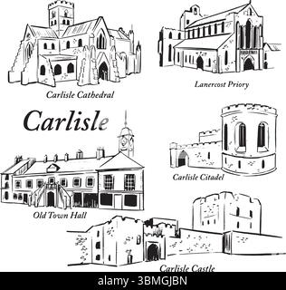Set di illustrazioni a inchiostro dei monumenti di Carlisle: Cattedrale, Priorato di Lanercost, Municipio Vecchio, Cittadella, Castello. Schizzi di famose attrazioni turistiche dell'Inghilterra Illustrazione Vettoriale