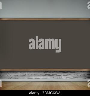 Gli interni vettoriali piatti presentano una grande lavagna con finiture in legno, pareti in mattoni bianchi e pavimento in tavole Foto Stock