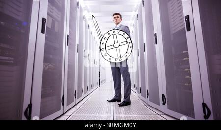 Design piatto che mostra l'uomo adatto a proteggere i server nella corsia del data center con maschere di scudo e spada Foto Stock