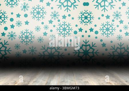 Carta da parati con fiocchi di neve sulle tavole del pavimento Foto Stock