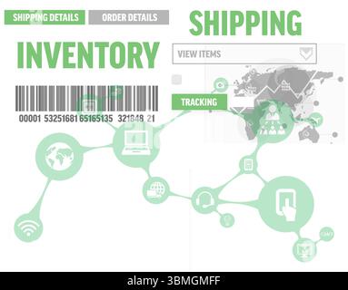 L'infografica "Abstract Flat" mostra i dettagli di spedizione dell'inventario con icone di rete per il tracciamento dei codici a barre Foto Stock
