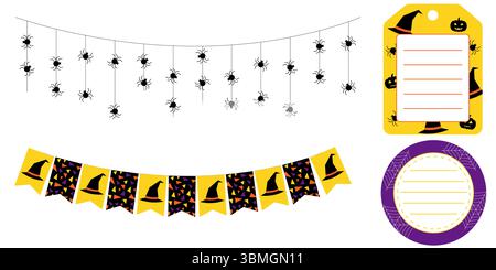 Ghirlande di Halloween e adesivi in viola arancione nero e giallo. Etichette rotonde quadrate e rettangolari con temi spaventosi. Decorazioni vettoriali per Illustrazione Vettoriale