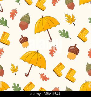 Autunno. Foglia d'acero, quercia, ghianda, stivali in gomma, ombrello. Icone vettoriali disegnate a mano. Illustrazione Vettoriale