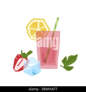 Illustrazione della bevanda alla limonata di fragole. Bevanda rosa rinfrescante con fette di limone, fragole, ghiaccio e foglie di menta. Stile vettoriale piatto, tavolozza luminosa, isol Illustrazione Vettoriale