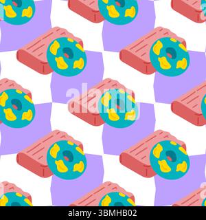 Design gonfiabile con motivo galleggiante estivo. Motivo senza cuciture con anelli da nuoto gonfiabili a cartoni animati con anatre e materassi ad aria rosa su una scacchiera viola Illustrazione Vettoriale