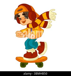 Illustrazione Autunno ragazzo su skateboard. Allegro ragazzo dei cartoni animati in caldi abiti autunnali in sella a uno skateboard, isolato sul bianco. Stile piatto con mare luminoso Illustrazione Vettoriale