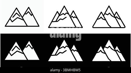 Icone di Black Line Art Mountain Peak: Versatili varianti bianco e nero per Branding, avventura e disegni naturali. Illustrazione Vettoriale