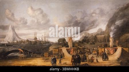 Raffineria di olio di balena vicino al villaggio di Smerenburg, Cornelis de Man, olio su tela, 1639, Amsterdam, paesi Bassi Foto Stock