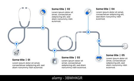 Modello infografico con icone e 5 opzioni o passaggi. Stetoscopio. Può essere utilizzato per layout del flusso di lavoro, diagrammi, banner, webdesign. Illustrazione vettoriale Illustrazione Vettoriale