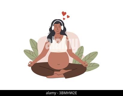 Donna incinta che medita in posizione di loto mentre ascolta musica con le cuffie. Praticare l'ipnoparto per un parto tranquillo e consapevole. Piatto Illustrazione Vettoriale