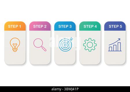 Schede infografiche verticali colorate con icone delineate e layout pulito e piatto Illustrazione Vettoriale