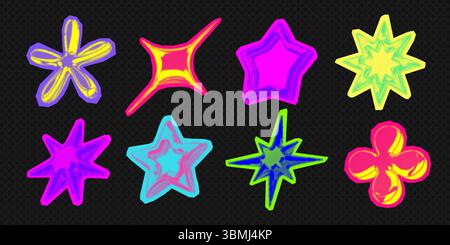 Colori al neon punk 3d Y2K cromo chiaro mezzitoni forma a stelle retrò, set di adesivi per illustrazioni vettoriali astratte. Illustrazione Vettoriale