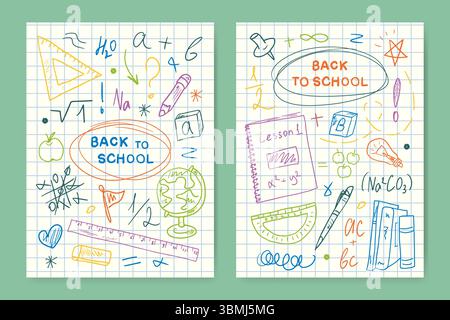 Una serie di modelli Back to School con scarabocchi disegnati a mano su una pagina di notebook a scacchi. Banner vettoriali, cartoline, annunci pubblicitari per l'inizio dell'anno scolastico e poster scolastici con design testuale Illustrazione Vettoriale