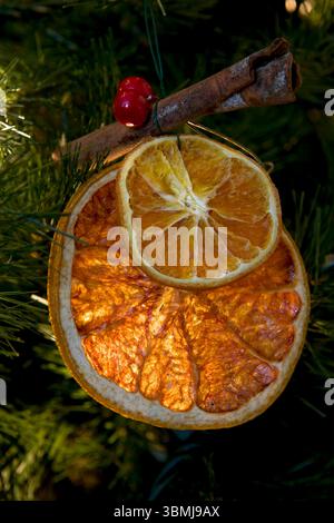 Il primo piano dell'albero di Natale di fette d'arancia e bastoncini di cannella ornamento rustico sull'albero Foto Stock