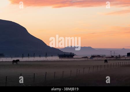 Luci e nebbie del sole di mezzanotte Foto Stock