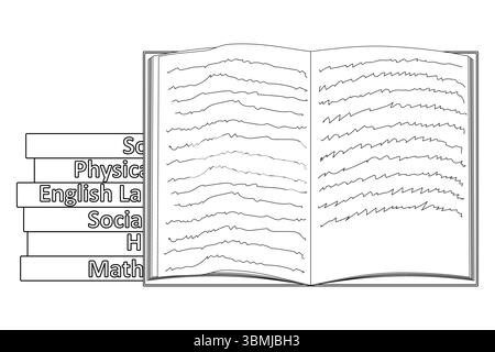 Pagina da colorare di quaderno aperto con testo scritto a mano e libri di testo scolastici impilati con iscrizioni per lezioni su materie scolastiche. Divertimento per i bambini Illustrazione Vettoriale