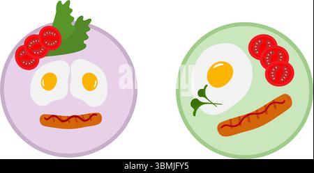 Uova e salsicce fritte disegnate a mano e fette di pomodoro sul piatto. Set di idee per la colazione o la motivazione. Illustrazione vettore isolato schede menu motivazione poster alimentare, banner, opuscoli, etichetta, etichetta, prezzo Illustrazione Vettoriale
