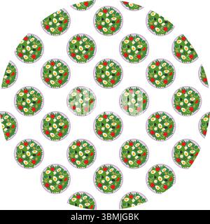 Insalata di pomodori a fette, cubetti di formaggio, olive, cipolla e verdure senza cuciture sullo sfondo circolare. Illustrazione vettoriale isolata sfondo poster per alimenti o banner promozionale, opuscolo, tag, post sui social media Illustrazione Vettoriale