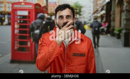 L'uomo ispanico nella prigione arancione ride in una strada vivace con l'iconica cabina telefonica rossa. Foto Stock