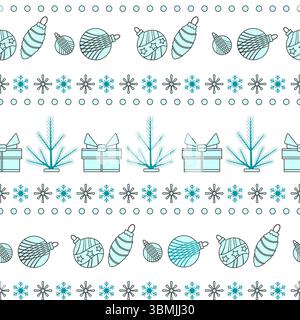 Ornamenti natalizi con baule, fiocchi di neve e regali in un vettoriale invernale senza cuciture Illustrazione Vettoriale