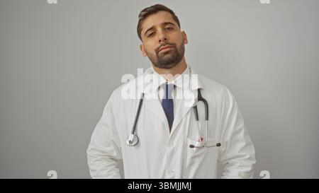 Bel giovane con barba e stetoscopio in un cappotto bianco su uno sfondo bianco, che trasuda fiducia e professionalità. Foto Stock